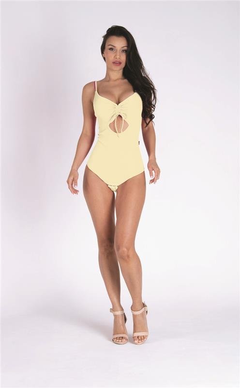 BODY TRICOLOR EM TECIDO CANELADO COM BOJO REMOVÍVEL. - AMARELO