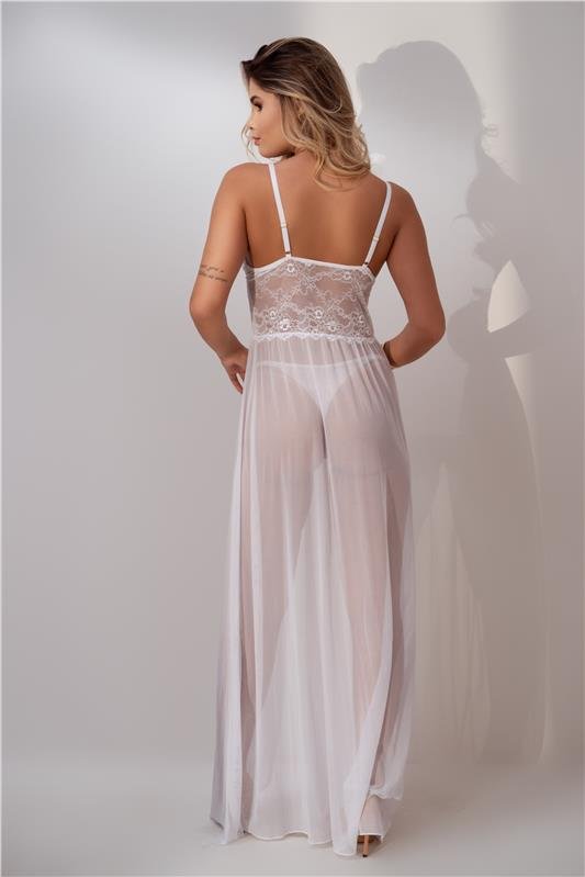 CAMISOLA LONGA SEM BOJO EM RENDA E TULE SENSUAL