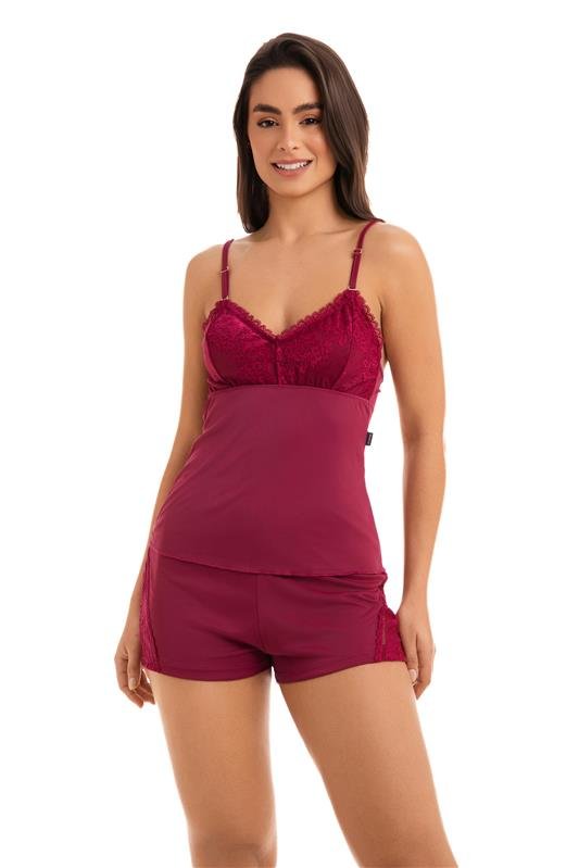 SHORT DOLL DE ALCINHA EM LIGANETE COM RENDA - VERMELHO DESEJO