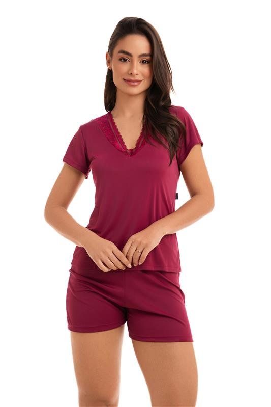 SHORT DOLL MANGA CURTA EM LIGANETE COM RENDA - VERMELHO DESEJO