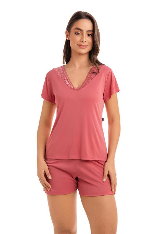 SHORT DOLL MANGA CURTA EM LIGANETE COM RENDA - ROSA SANDIA