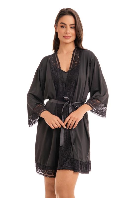ROBE MANGA ¾ EM LIGANETE COM RENDA E FITA DE CETIM - PRETO