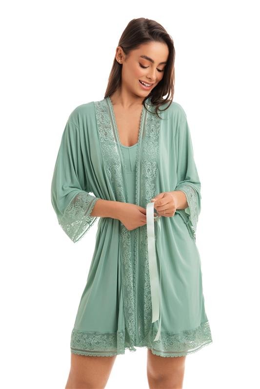 ROBE MANGA ¾ EM LIGANETE COM RENDA E FITA DE CETIM - VERDE TEOS