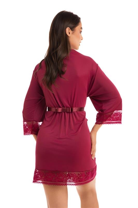 ROBE MANGA ¾ EM LIGANETE COM RENDA E FITA DE CETIM - VERMELHO DESEJO
