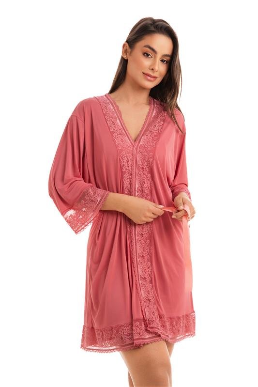 ROBE MANGA ¾ EM LIGANETE COM RENDA E FITA DE CETIM - ROSA SANDIA