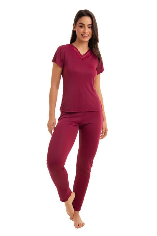 PIJAMA LONGO MANGA CURTA EM LIGANETE COM DETALHE EM RENDA - VERMELHO DESEJO