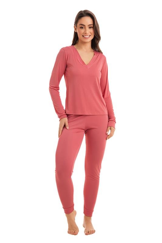 PIJAMA LONGO MANGA LONGA EM LIGANETE - ROSA SANDIA