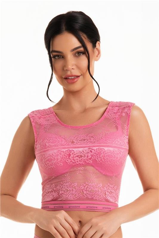 CROPPED EM RENDA TRANSPARENTE COM ELÁSTICO PERSONALIZADO EMOCIONE - ROSA MILK SHAKE