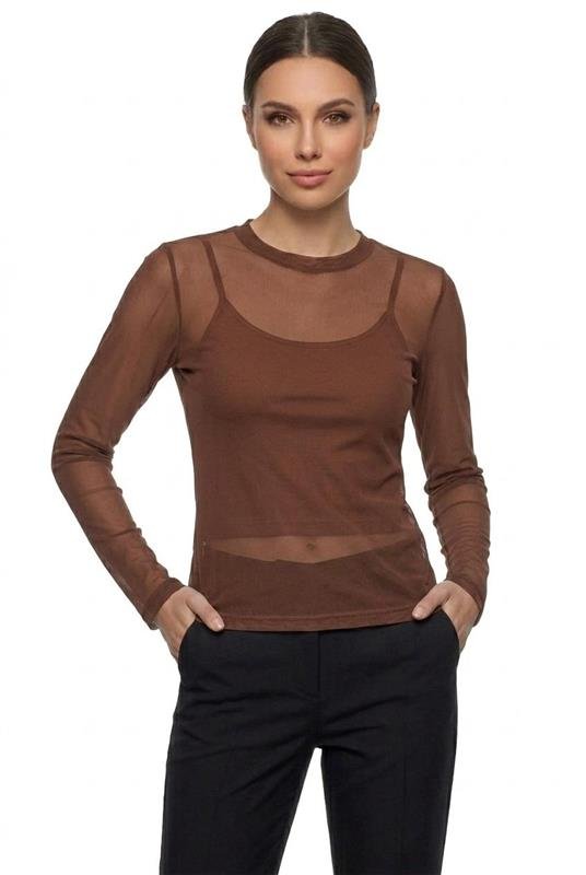 BLUSA EM TULE MANGA LONGA TRANSPARENTE - MARROM TREND