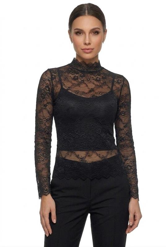 BLUSA EM RENDA FRANCESA MANGA LONGA - PRETO