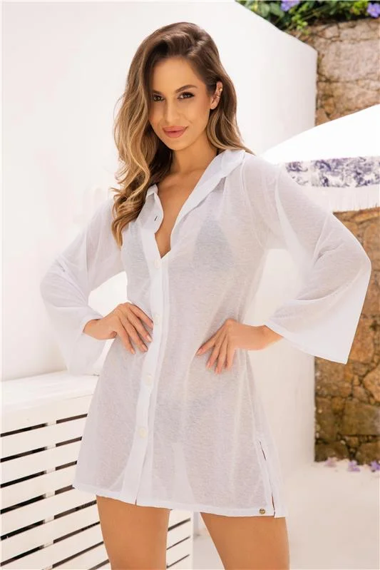 CHAMISE MANGA LONGA COM BOTÕES PARA FECHAMENTO E FENDA LATERAL - BRANCO