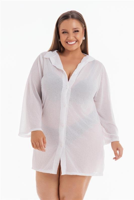 CHAMISE MANGA LONGA COM BOTÕES PARA FECHAMENTO E FENDA LATERAL - BRANCO